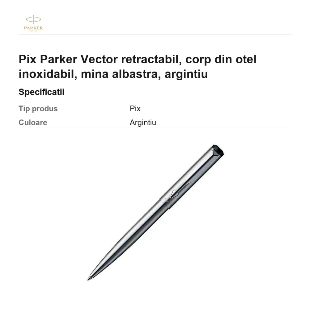 Pix Parker Vector retractabil, corp din otel inoxidabil, mina albastra, argintiu [3]