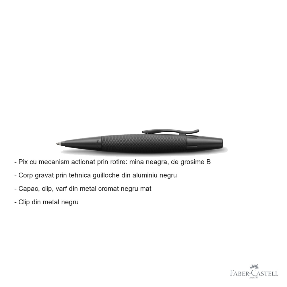 Pix premium Faber-Castell e-motion Pure Black, corp aluminiu gravat guilloche, mina neagra B, mecanism rotativ [2]