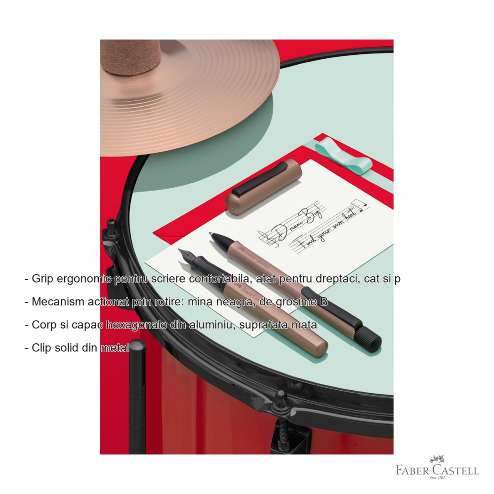 Pix premium Faber-Castell Hexo bronz mat, corp hexagonal din aluminiu, mina neagra B, pentru scriere confortabila [2]
