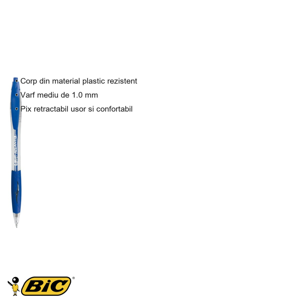 Pix retractabil Bic Atlantis Grip, varf mediu 1.0 mm, scriere fluida, albastru [3]