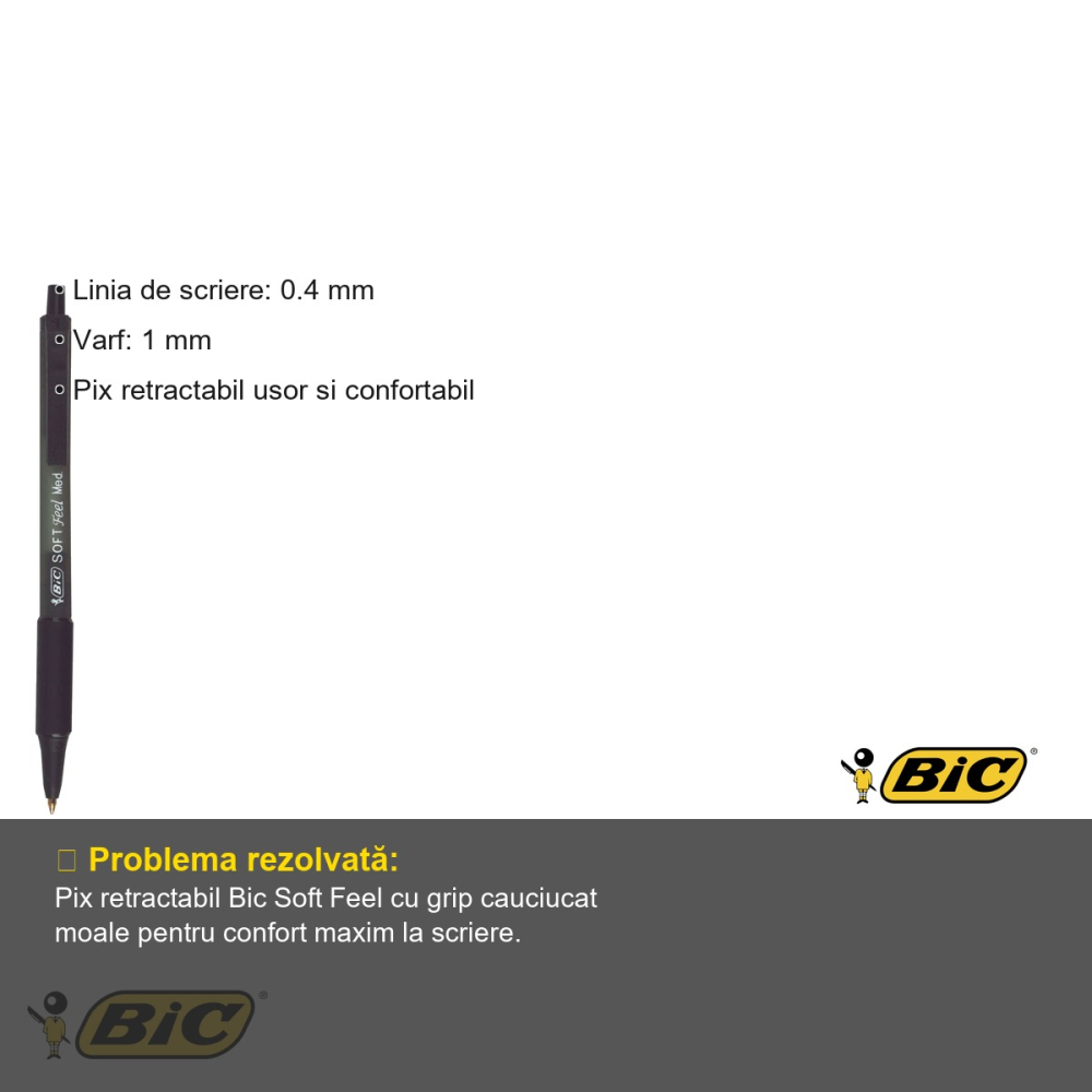 Pix retractabil Bic Soft Feel, varf 1 mm, cerneala neagra, grip cauciucat moale, pentru scriere fluida [3]