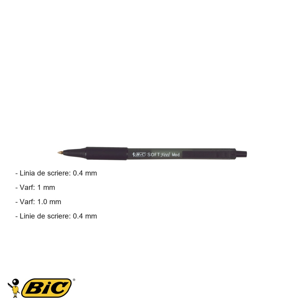 Pix retractabil Bic Soft Feel, varf 1 mm, cerneala neagra, grip cauciucat moale, pentru scriere fluida [2]