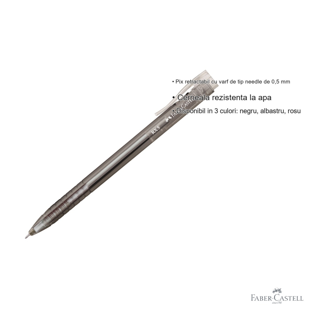 Pix retractabil Faber-Castell RX5, semi-gel cu varf needle 0.5 mm, scriere fluida, negru [3]