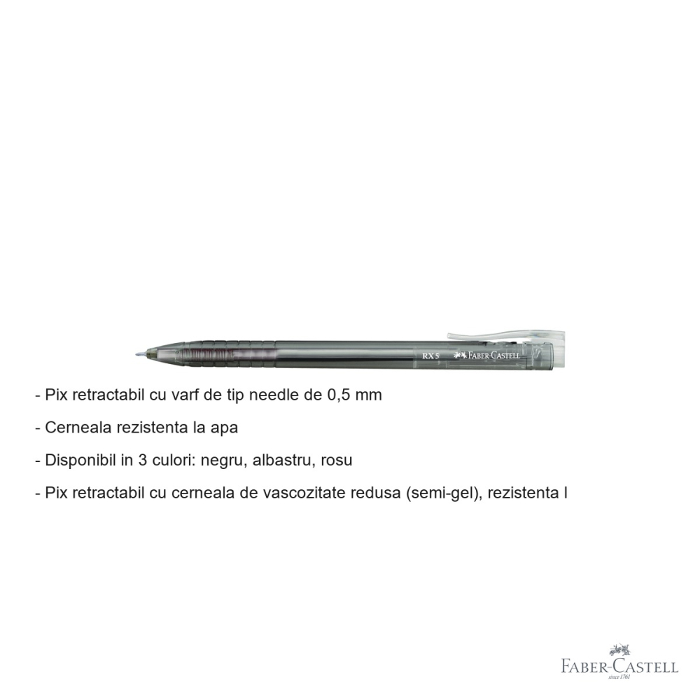 Pix retractabil Faber-Castell RX5, semi-gel cu varf needle 0.5 mm, scriere fluida, negru [2]