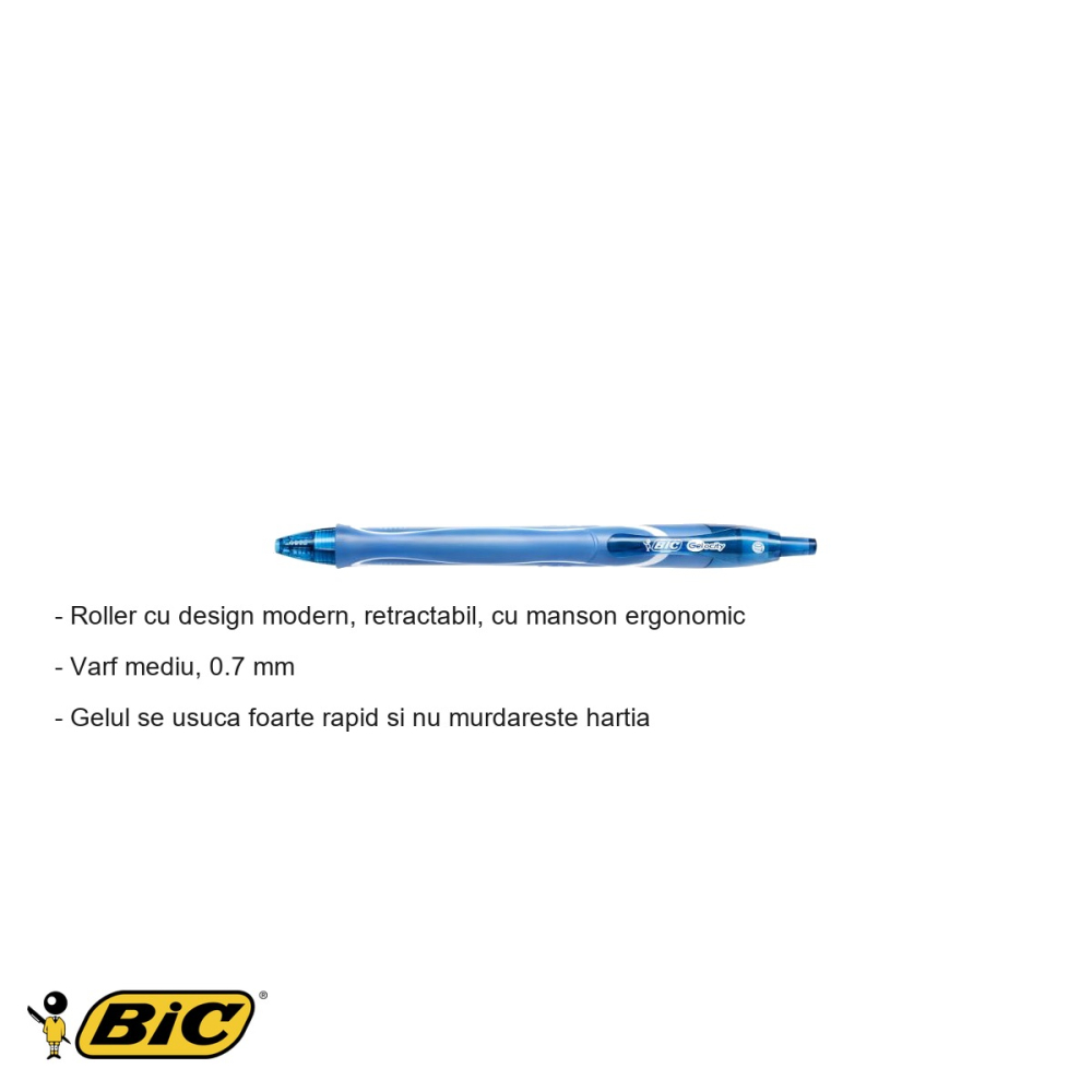 Pix roller retractabil Bic Quick-Dry, gel semi-lichid turcoaz, varf mediu 0.7 mm, uscare rapida [2]