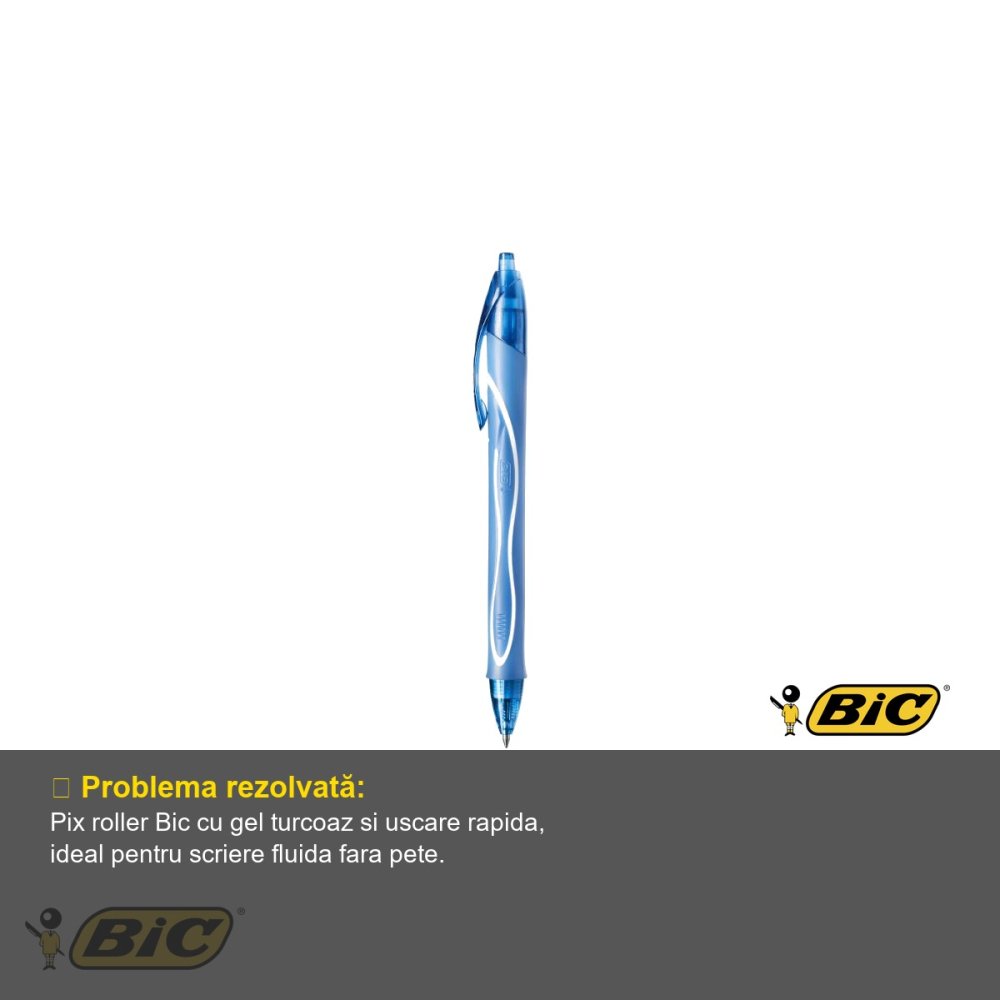 Pix roller retractabil Bic Quick-Dry, gel semi-lichid turcoaz, varf mediu 0.7 mm, uscare rapida [4]