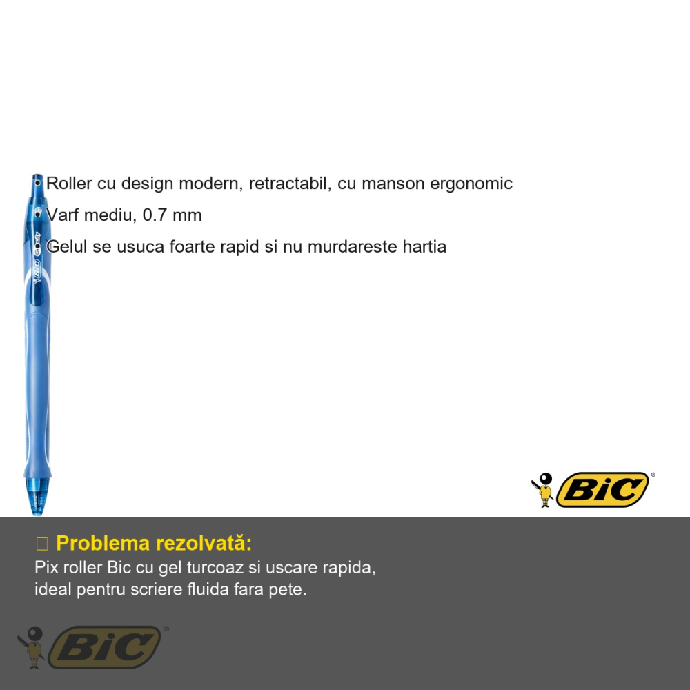 Pix roller retractabil Bic Quick-Dry, gel semi-lichid turcoaz, varf mediu 0.7 mm, uscare rapida [3]