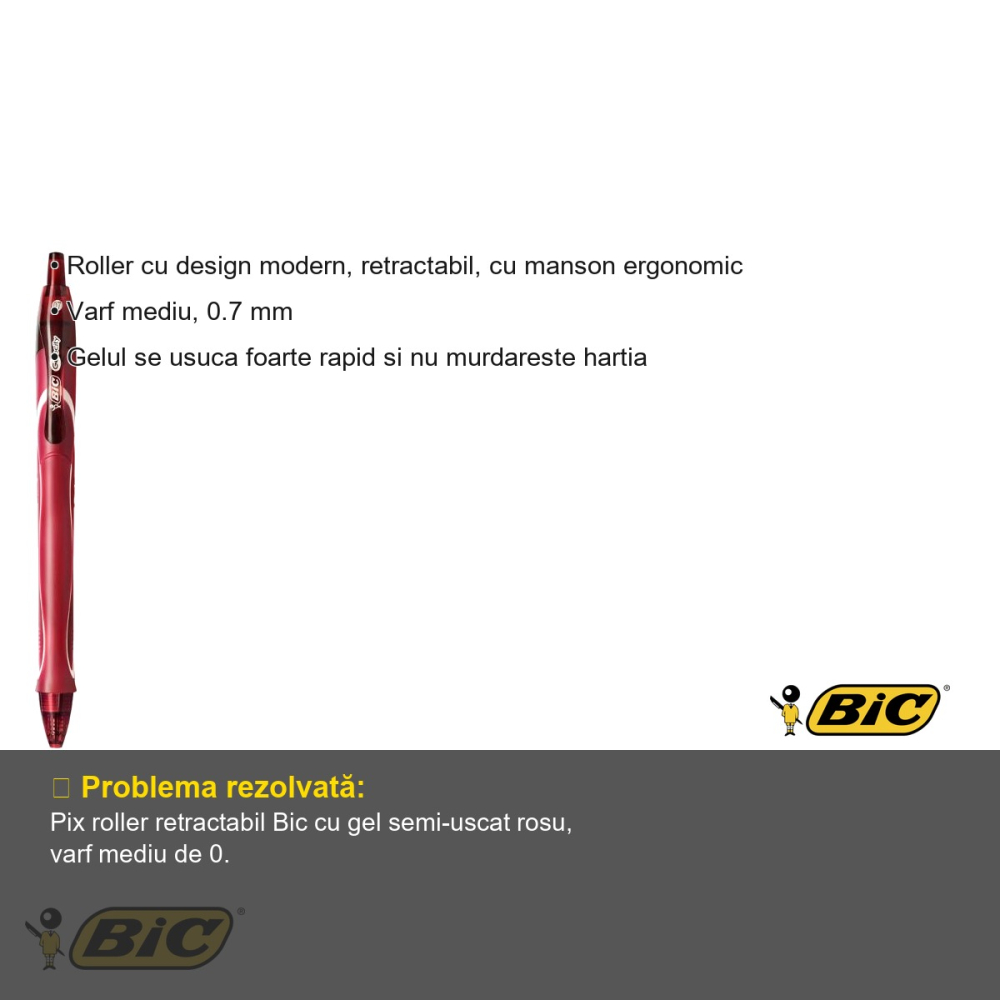 Pix roller retractabil Bic Quick-Dry, gel semi-uscat varf mediu 0.7 mm, cerneala rosie, pentru birou si scoala [3]