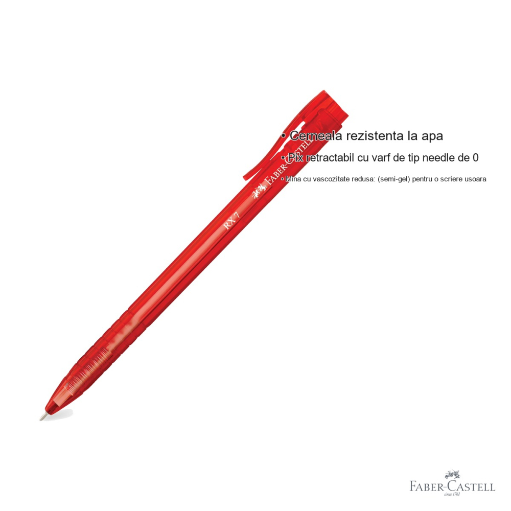 Pix roller retractabil Faber-Castell RX7, semi-gel, varf needle 0.7 mm, cerneala rosie rezistenta la apa [3]