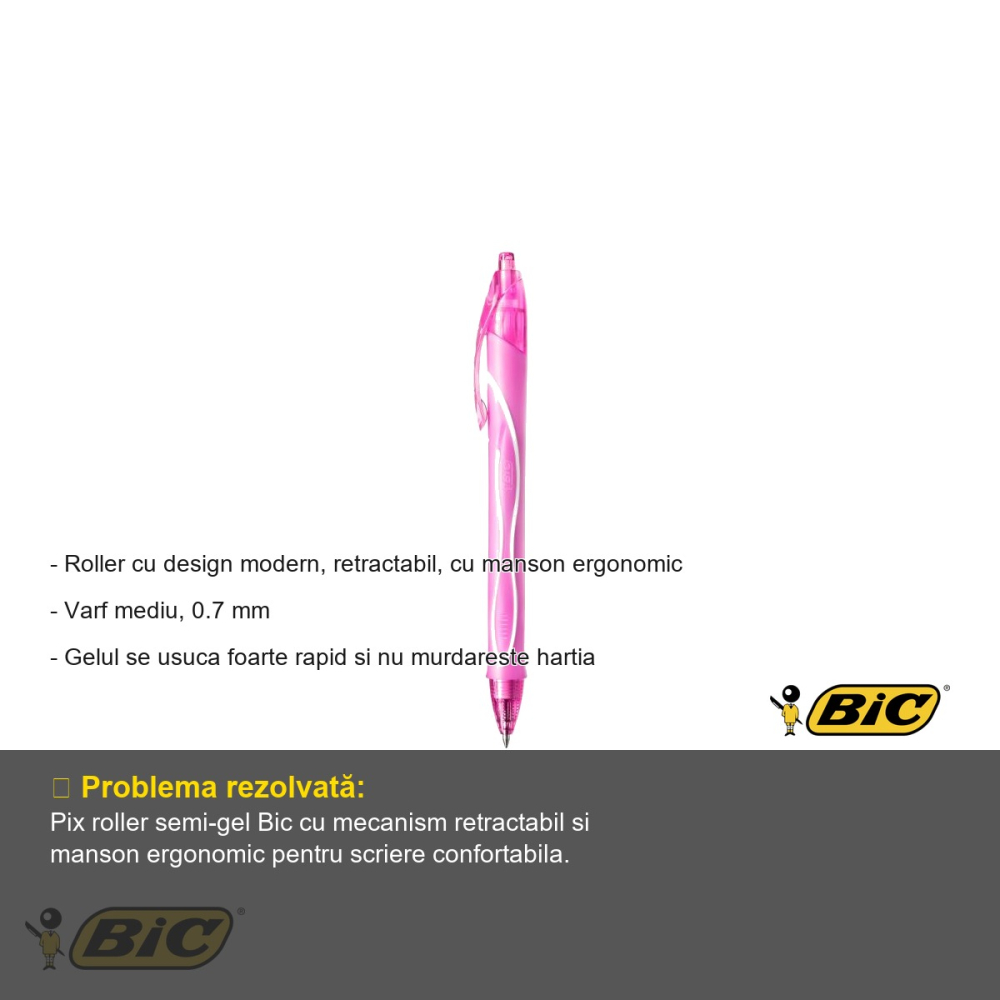 Pix roller semi-gel retractabil Bic Quick-Dry, varf mediu 0.7 mm, uscare rapida, roz [2]