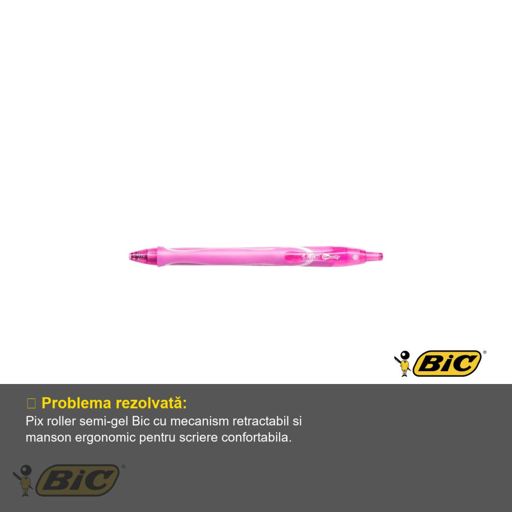 Pix roller semi-gel retractabil Bic Quick-Dry, varf mediu 0.7 mm, uscare rapida, roz [4]