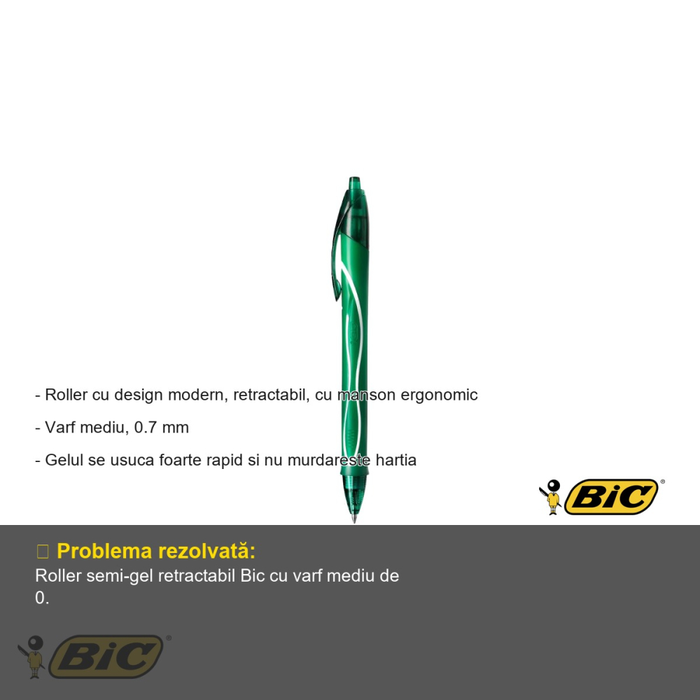 Pix roller semi-gel retractabil Bic, varf mediu 0.7 mm, uscare rapida, verde, pentru birou si scoala [2]