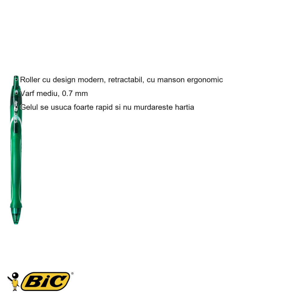 Pix roller semi-gel retractabil Bic, varf mediu 0.7 mm, uscare rapida, verde, pentru birou si scoala [3]