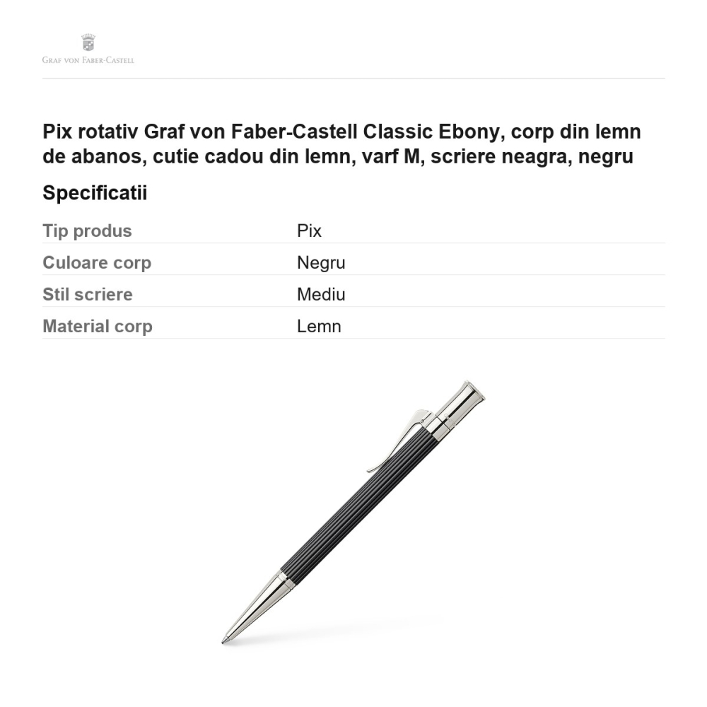Pix rotativ Graf von Faber-Castell Classic Ebony, corp din lemn de abanos, cutie cadou din lemn, varf M, scriere neagra, negru [3]