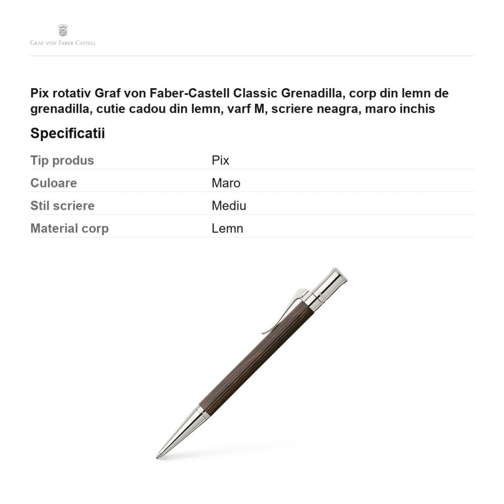 Pix rotativ Graf von Faber-Castell Classic Grenadilla, corp din lemn de grenadilla, cutie cadou din lemn, varf M, scriere neagra, maro inchis [3]