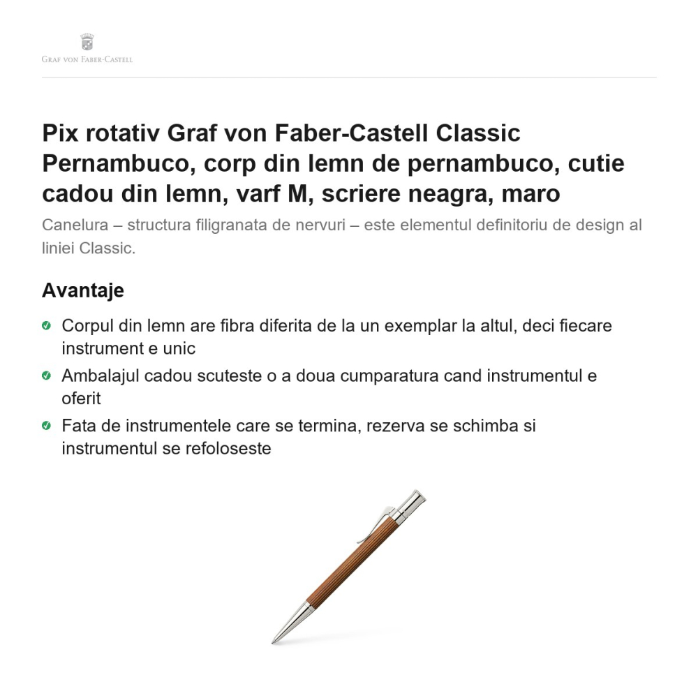 Pix rotativ Graf von Faber-Castell Classic Pernambuco, corp din lemn de pernambuco, cutie cadou din lemn, varf M, scriere neagra, maro [2]