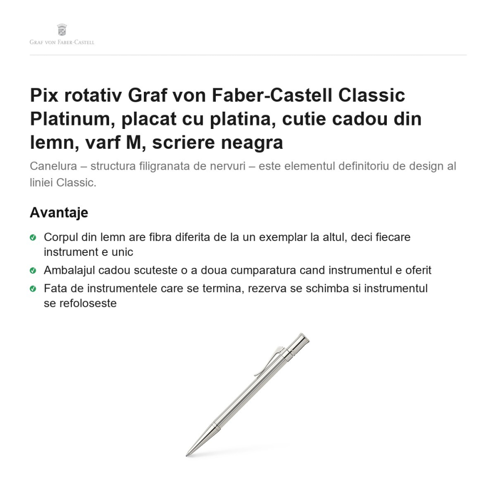 Pix rotativ Graf von Faber-Castell Classic Platinum, placat cu platina, cutie cadou din lemn, varf M, scriere neagra [2]