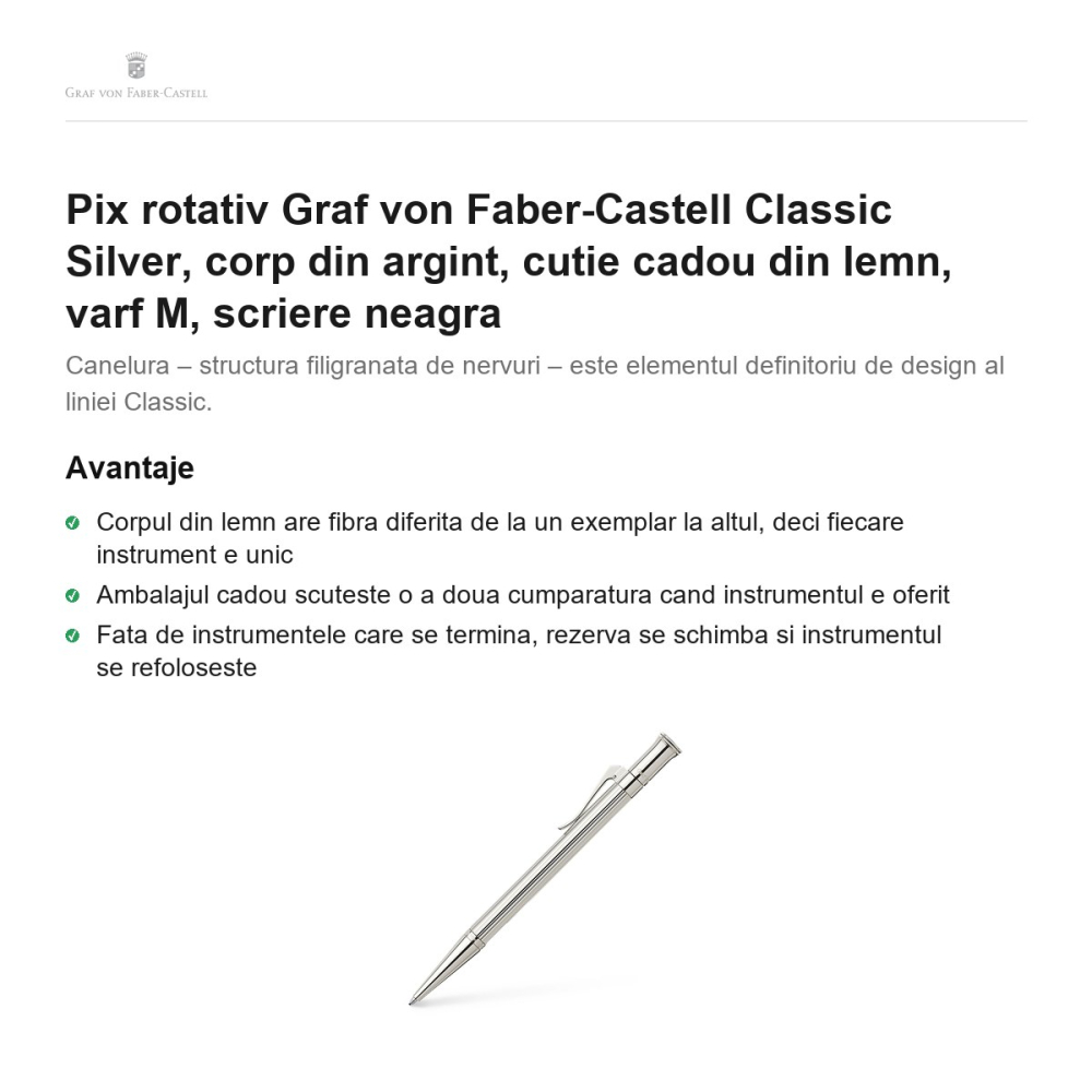Pix rotativ Graf von Faber-Castell Classic Silver, corp din argint, cutie cadou din lemn, varf M, scriere neagra [2]
