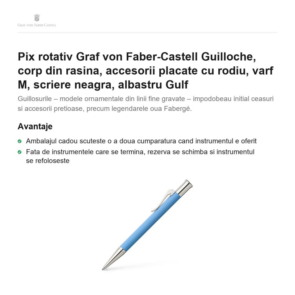 Pix rotativ Graf von Faber-Castell Guilloche, corp din rasina, accesorii placate cu rodiu, varf M, scriere neagra, albastru Gulf [2]