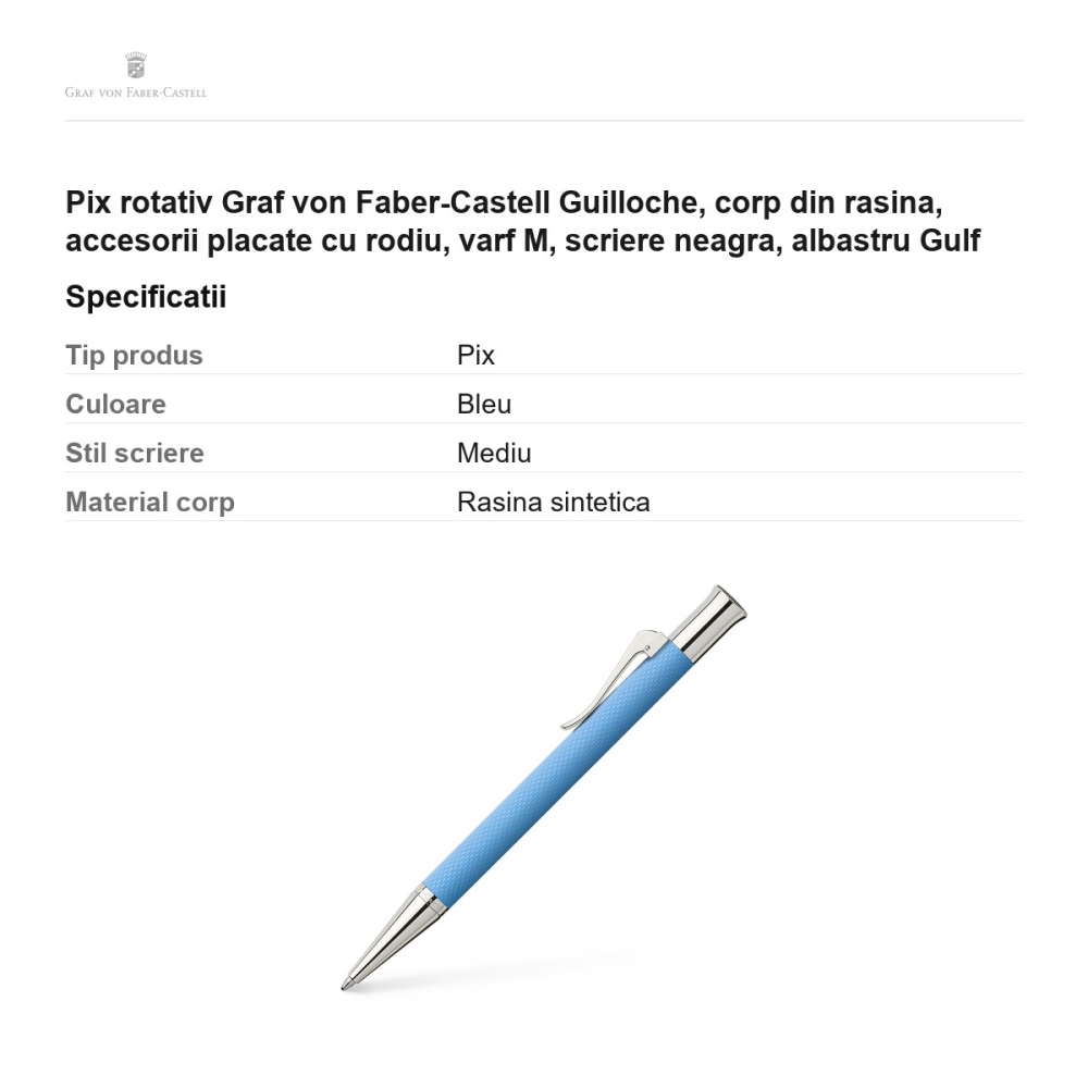 Pix rotativ Graf von Faber-Castell Guilloche, corp din rasina, accesorii placate cu rodiu, varf M, scriere neagra, albastru Gulf [3]