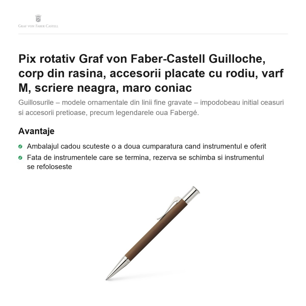 Pix rotativ Graf von Faber-Castell Guilloche, corp din rasina, accesorii placate cu rodiu, varf M, scriere neagra, maro coniac [2]