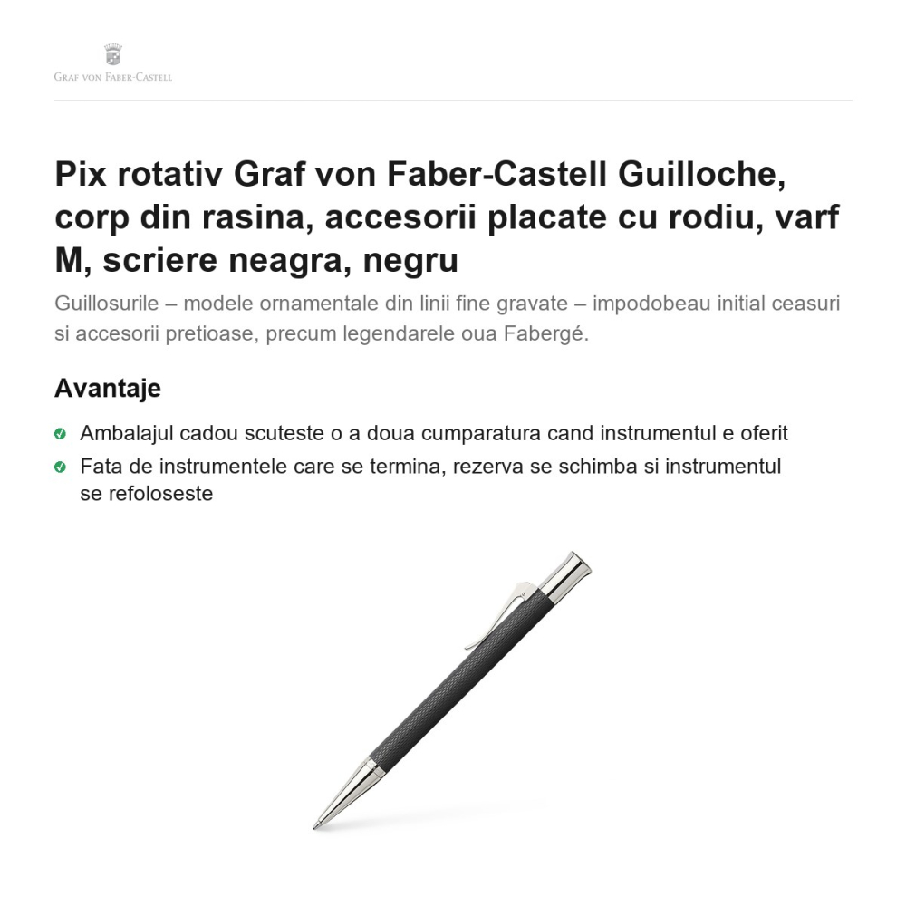 Pix rotativ Graf von Faber-Castell Guilloche, corp din rasina, accesorii placate cu rodiu, varf M, scriere neagra, negru [2]
