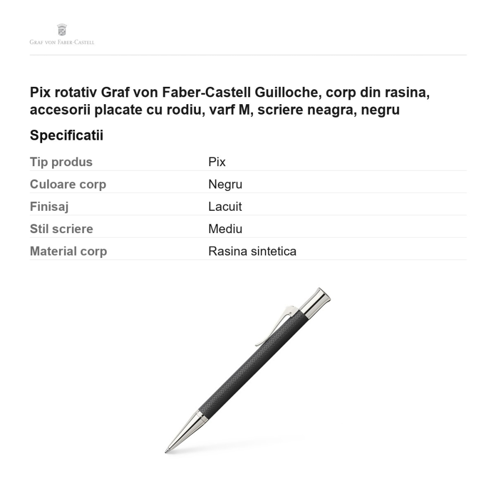 Pix rotativ Graf von Faber-Castell Guilloche, corp din rasina, accesorii placate cu rodiu, varf M, scriere neagra, negru [3]