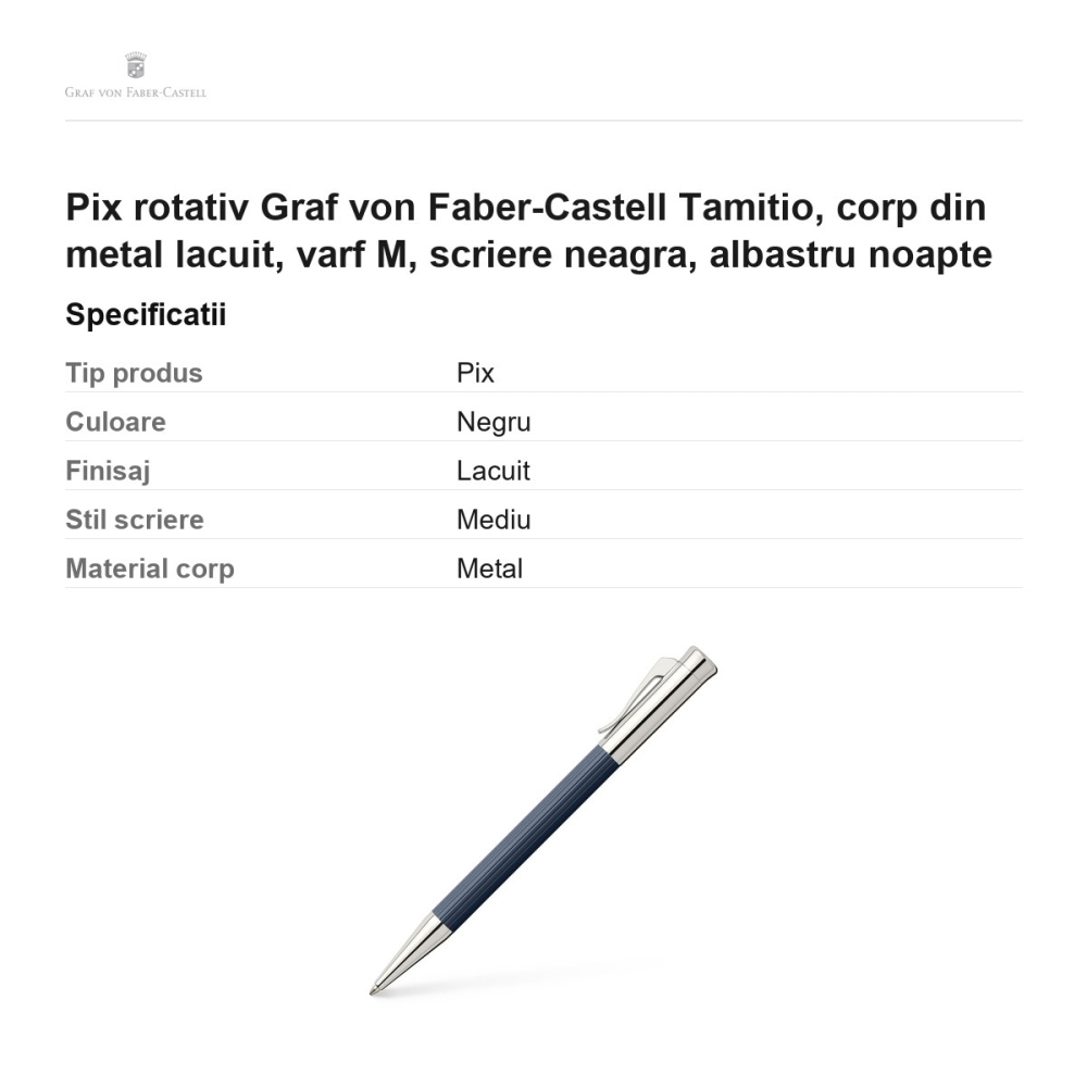 Pix rotativ Graf von Faber-Castell Tamitio, corp din metal lacuit, varf M, scriere neagra, albastru noapte [3]