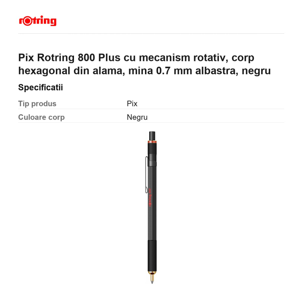 Pix Rotring 800 Plus cu mecanism rotativ, corp hexagonal din alama, mina 0.7 mm albastra, negru [3]