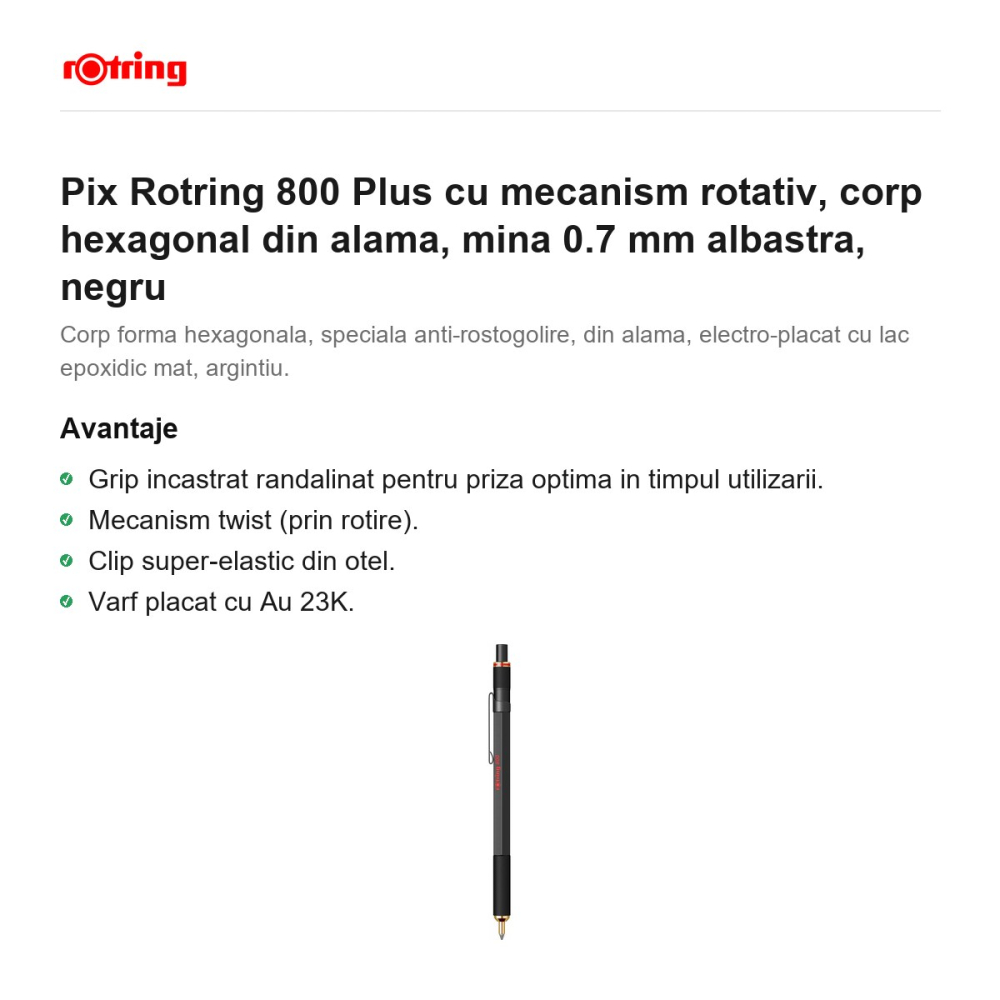 Pix Rotring 800 Plus cu mecanism rotativ, corp hexagonal din alama, mina 0.7 mm albastra, negru [2]