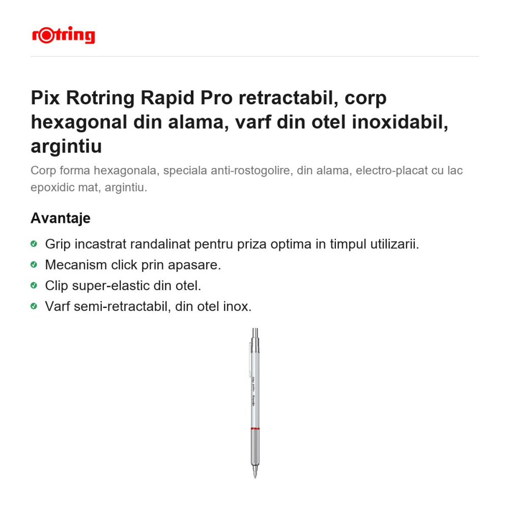 Pix Rotring Rapid Pro retractabil, corp hexagonal din alama, varf din otel inoxidabil, argintiu [2]