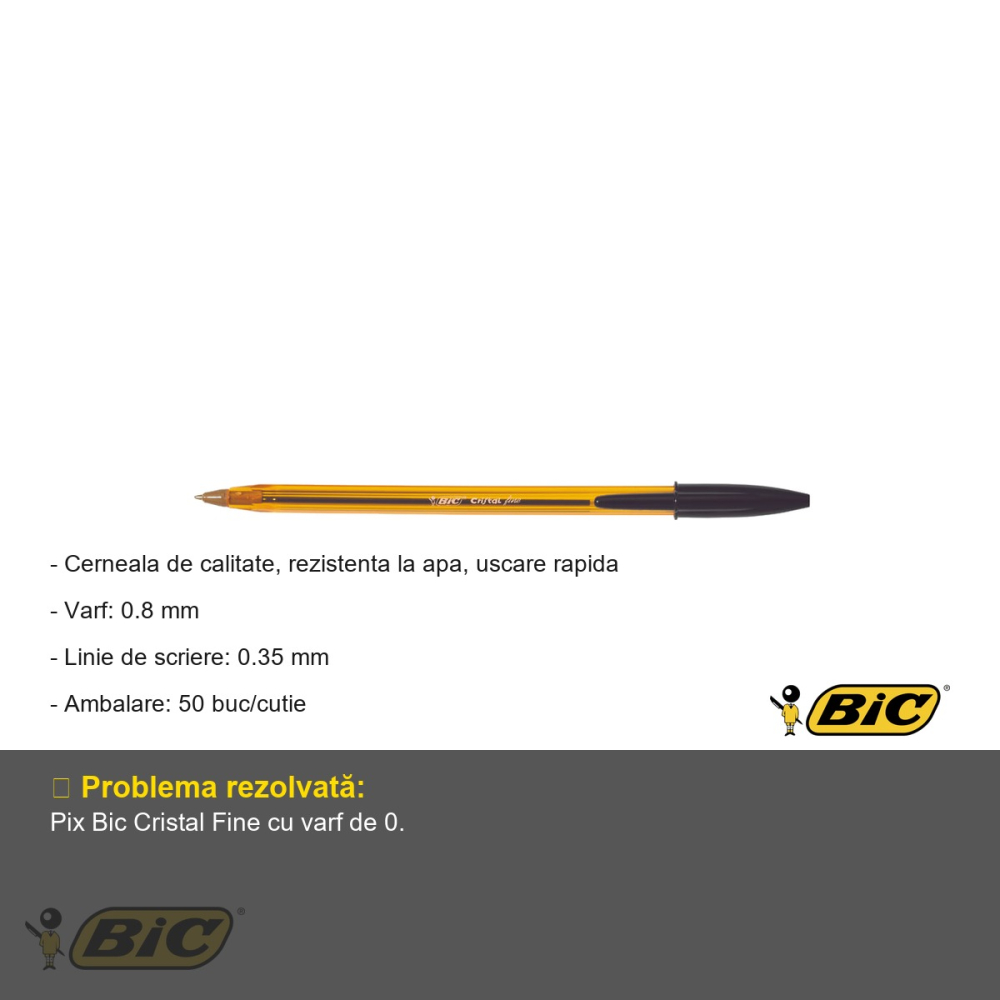 Pix unica folosinta Bic Cristal Fine, varf 0.8 mm, cerneala neagra, corp transparent, pentru scriere fina [2]