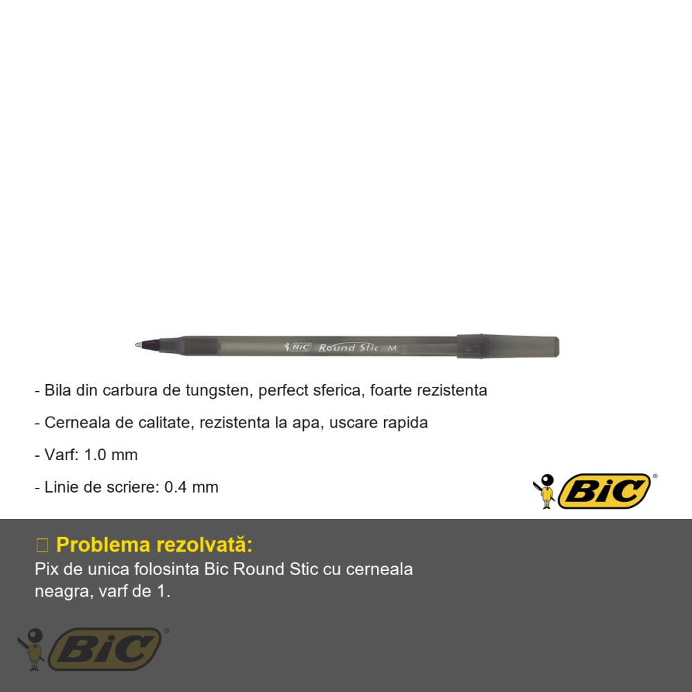 Pix unica folosinta Bic Round Stic, varf 1.0 mm, cerneala neagra rezistenta la apa [2]