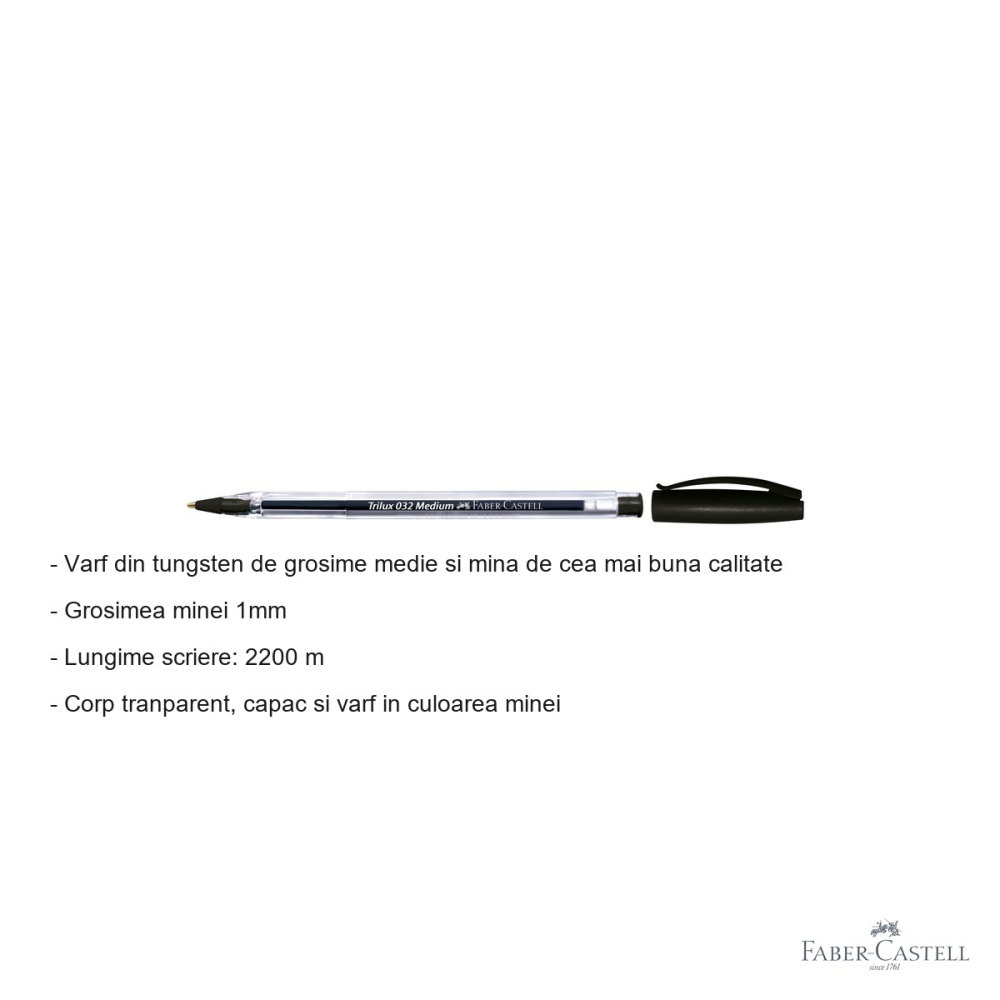 Pix unica folosinta Faber-Castell Trilux 032M, varf 1.0 mm, cerneala neagra, corp transparent [2]
