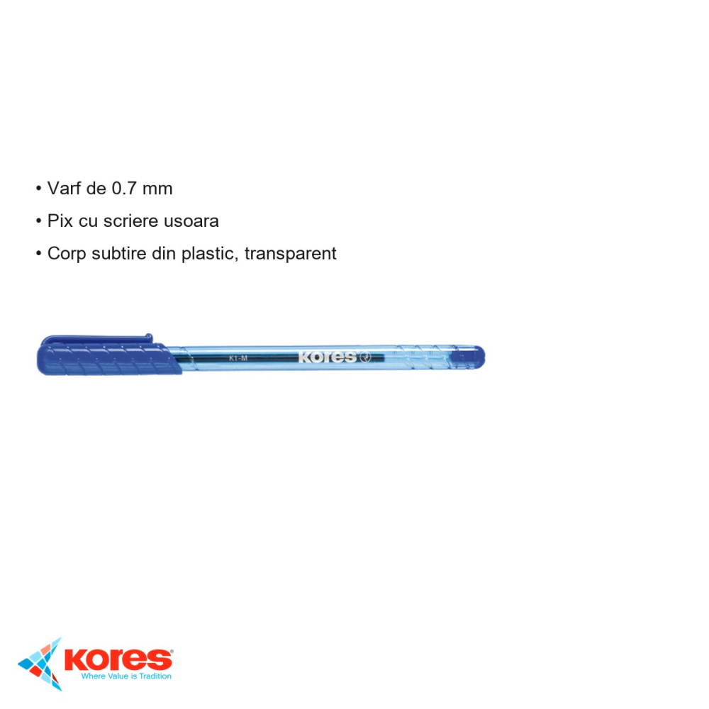 Pix unica folosinta Kores K1, varf 0.7 mm, cerneala albastra, scriere usoara pentru birou si scoala [3]