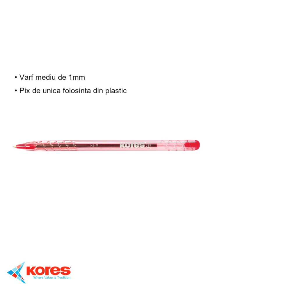 Pix unica folosinta Kores K1, varf mediu 1mm, cerneala rosie, pentru birou si scoala [3]