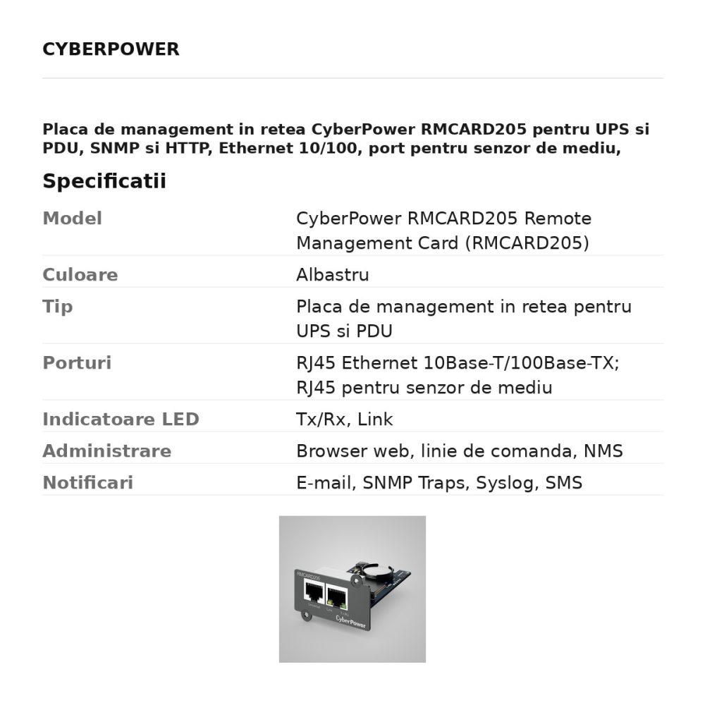 Placa de management in retea CyberPower RMCARD205 pentru UPS si PDU, SNMP si HTTP, Ethernet 10/100, port pentru senzor de mediu, albastru [3]