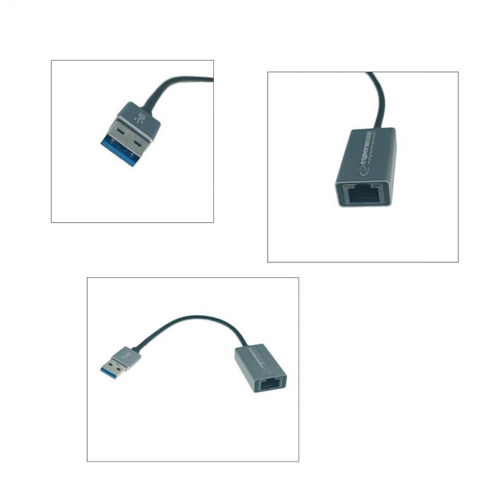 Placa de retea Ethernet Gigabit Esperanza 95883, USB 3.0 la RJ-45, cablu 18 cm, gri [3]