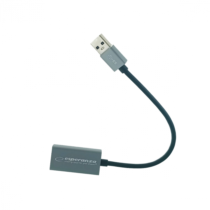 Placa de retea Ethernet Gigabit Esperanza 95883, USB 3.0 la RJ-45, cablu 18 cm, gri [2]