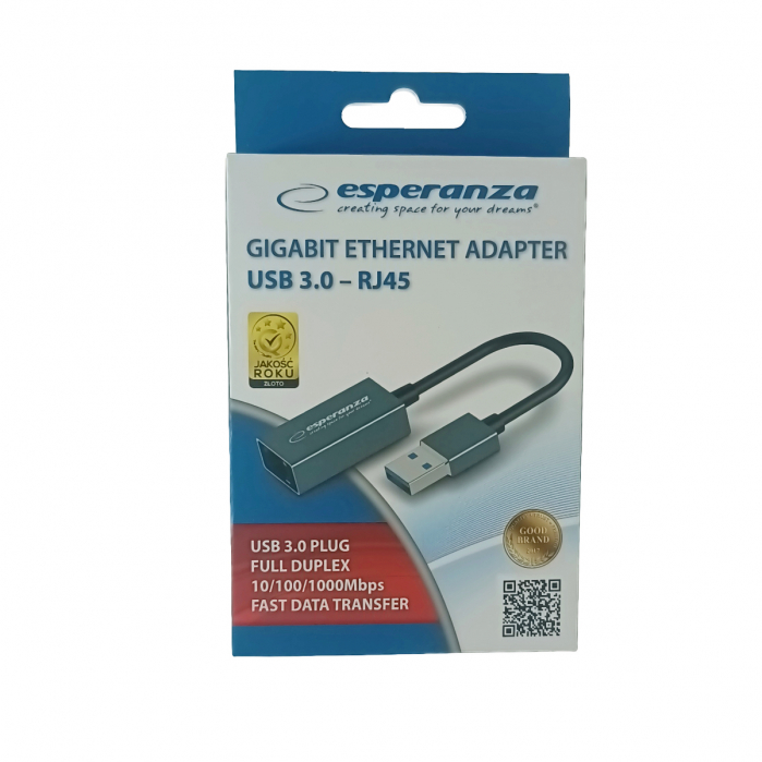 Placa de retea Ethernet Gigabit Esperanza 95883, USB 3.0 la RJ-45, cablu 18 cm, gri [5]