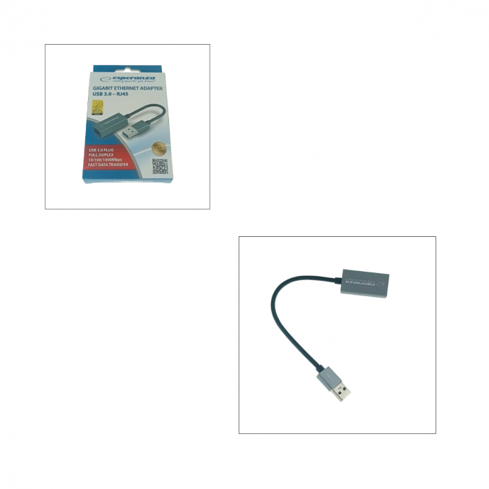 Placa de retea Ethernet Gigabit Esperanza 95883, USB 3.0 la RJ-45, cablu 18 cm, gri [4]