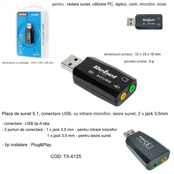 Placa de sunet 5.1, conectare USB, Rebel 3D, cu intrare microfon, iesire sunet, 2 x jack 3.5mm [6]