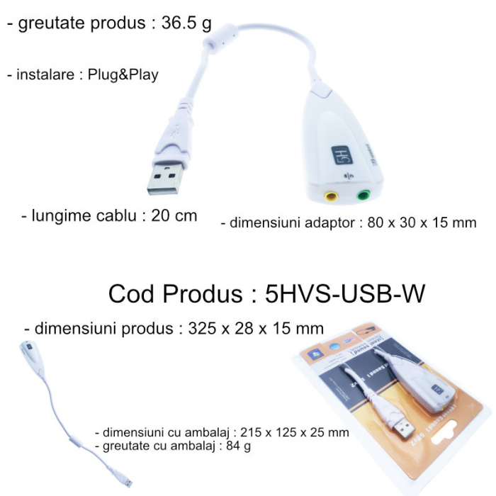 Placa de sunet externa USB, virtual 7.1 channel, cablu 20 cm, alba [6]