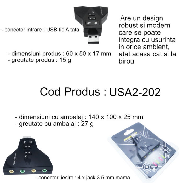 Placa de sunet USB externa, cu 4 porturi Jack 3.5 mm, 7.1 USB Virtual Channel Sound, neagra [6]