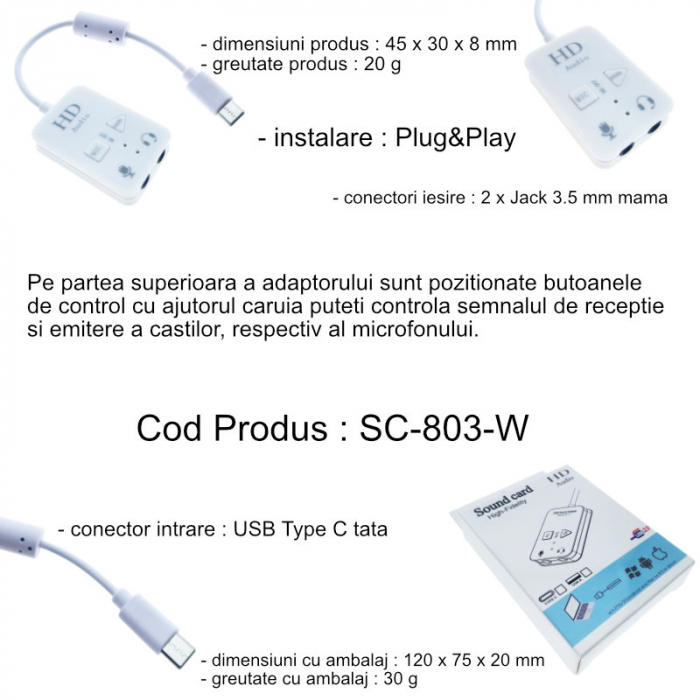 Placa de sunet USB Tip C, cu iesire 2 x Jack 3.5mm mama, Virtual 7.1 Channel, butoane de comanda, indicatori Led, alba [6]