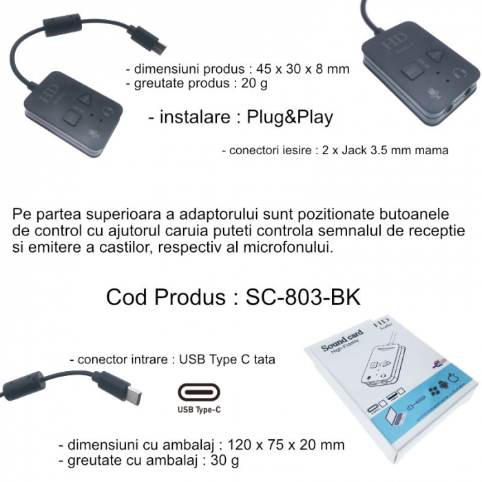 Placa de sunet USB Tip C, Virtual 7.1 Channel, cu iesire 2 x Jack 3.5mm mama, butoane de comanda, indicatori Led, neagra [6]