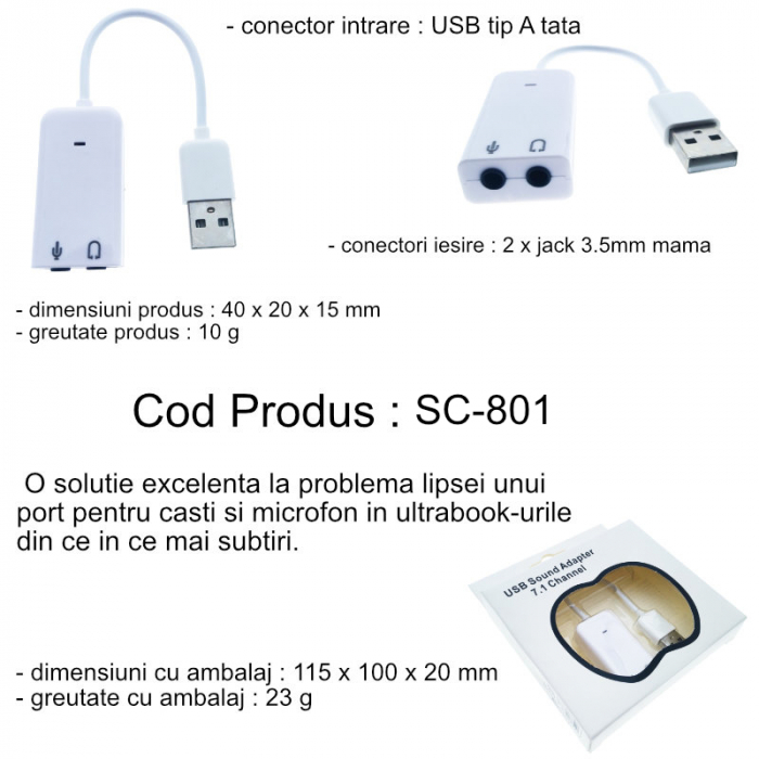 Placa de sunet USB , Virtual 7.1 Channel, adaptor pentru casti si microfon, alba [7]