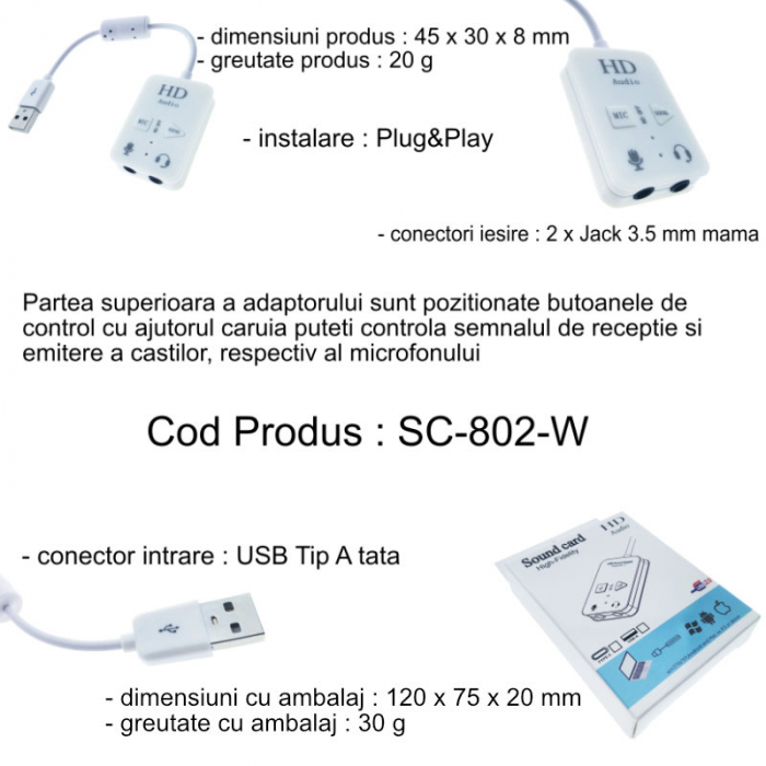 Placa de sunet USB, Virtual 7.1 Channel, cu iesire 2 x Jack 3.5mm mama, butoane de comanda, indicator Led, alba [6]