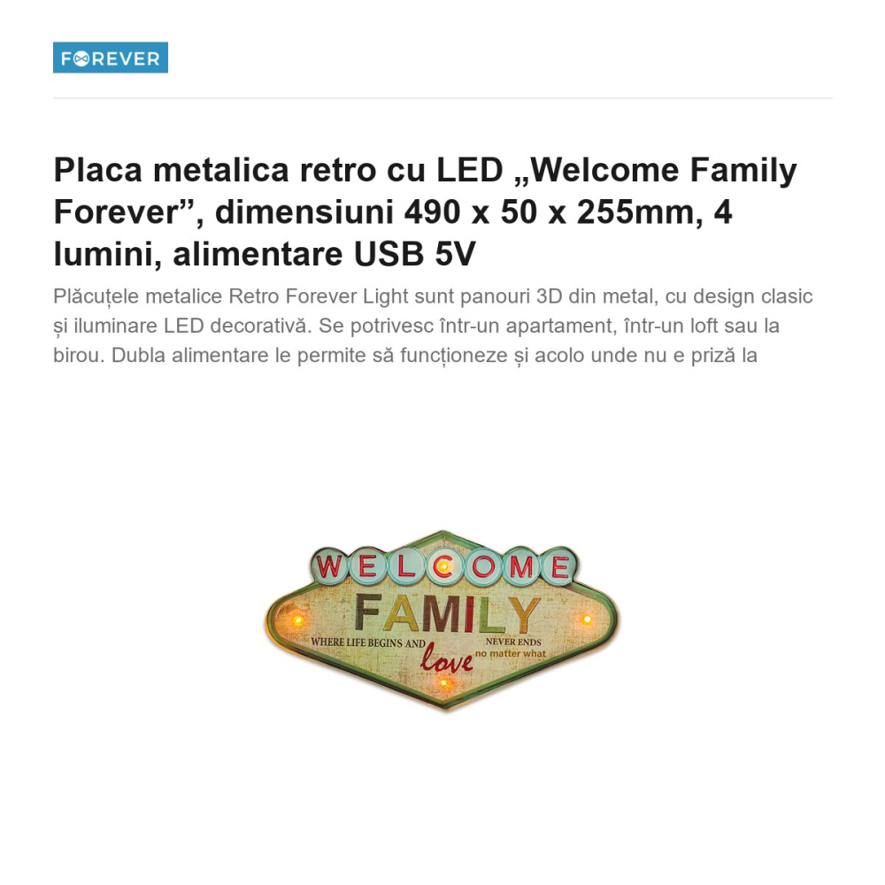 Placa metalica retro cu LED „Welcome Family Forever”, dimensiuni 490 x 50 x 255mm, 4 lumini, alimentare USB 5V [2]