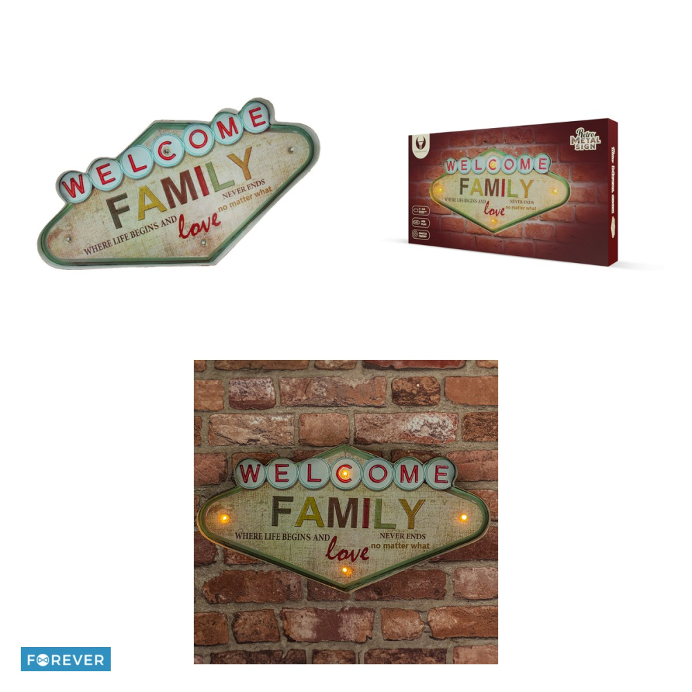 Placa metalica retro cu LED „Welcome Family Forever”, dimensiuni 490 x 50 x 255mm, 4 lumini, alimentare USB 5V [4]